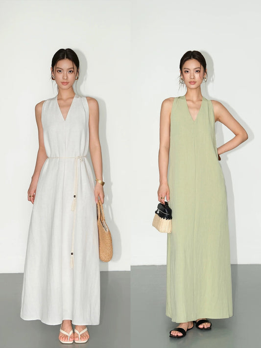 Halter V-Neck Elegant Linen Sleeveless Dress