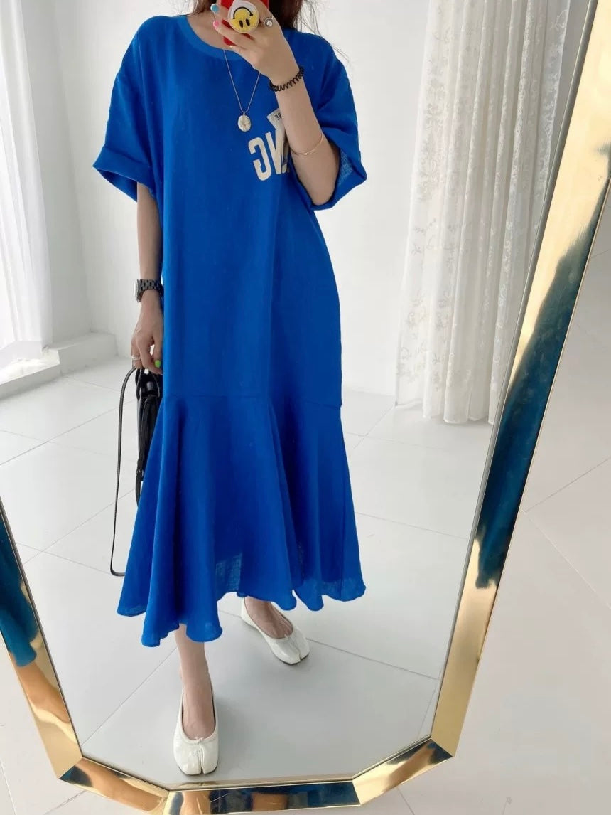Retro Round Neck Letter Print Short Sleeve Dress