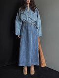 Single-Breasted Long-Sleeved Shirt + High-Waisted Irregular Denim Skirt Set