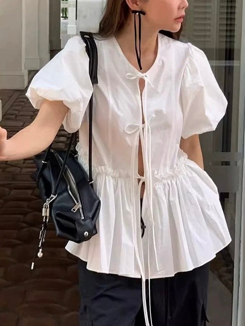 Round Neck Tie Stitching Ruffled Puff Sleeve Shirt