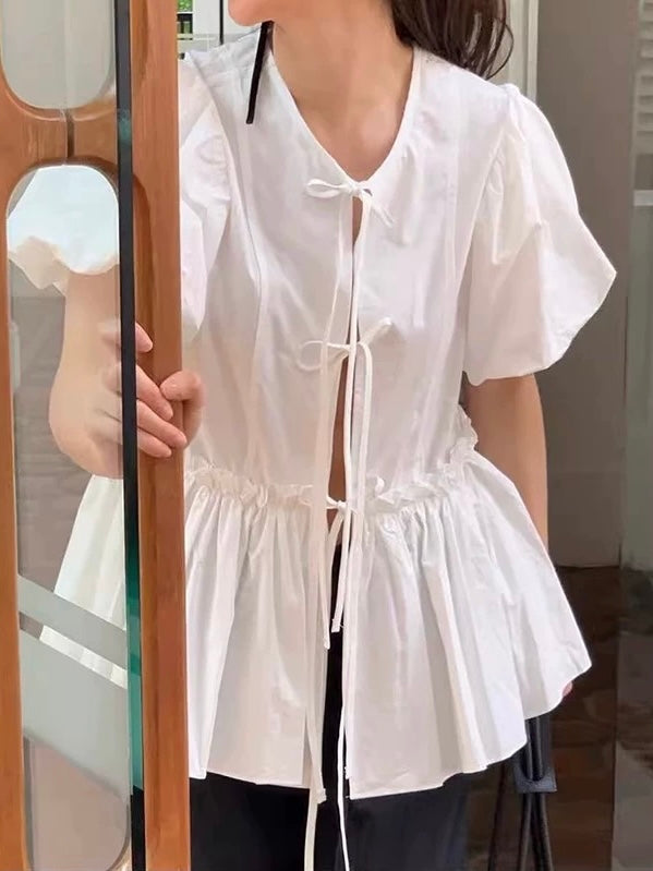 Round Neck Tie Stitching Ruffled Puff Sleeve Shirt