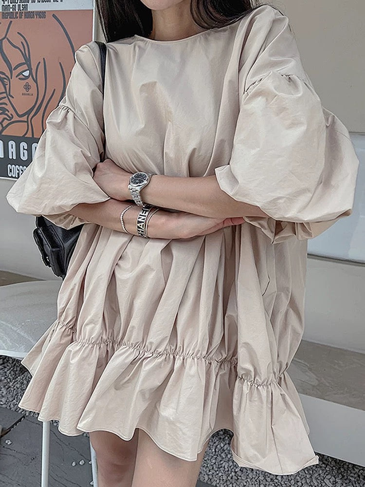 Puff Sleeve Shirred Ruffle Dress