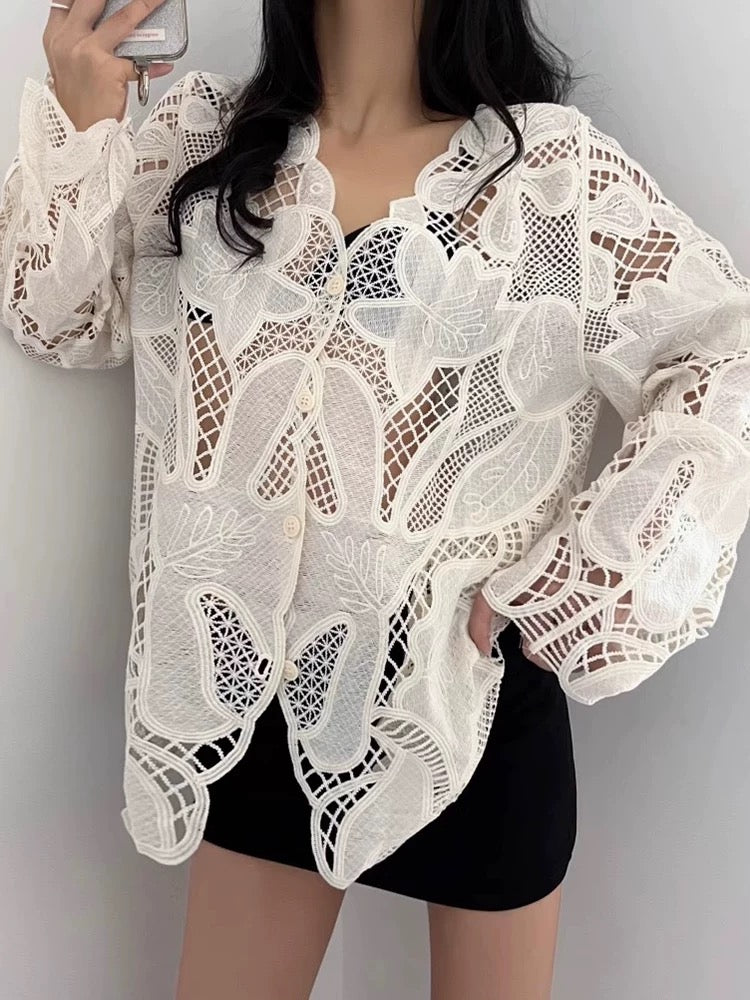 Hollow Crochet Lace Shirt