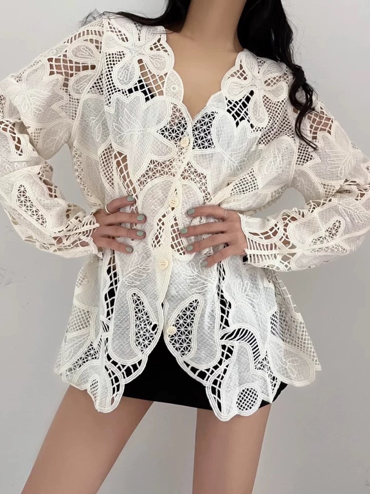 Hollow Crochet Lace Shirt