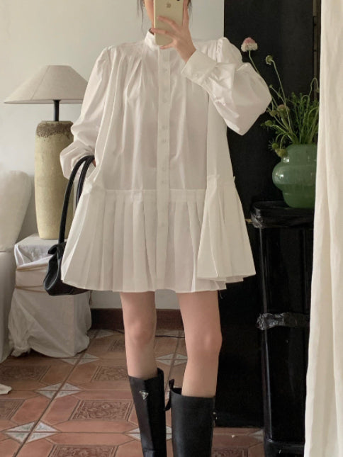 Retro A-line Pleated Preppy Shirt Dress - PAINEVIDA