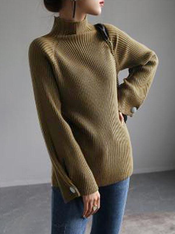Simple Loose Solid Color High-Neck Sweater by painevida