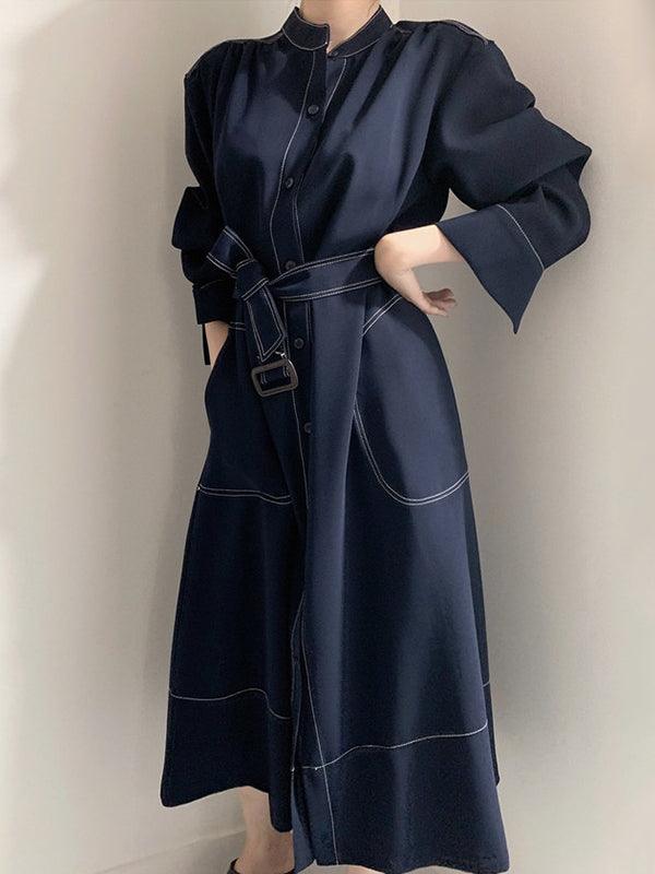 Stand Collar Single Loose Tie Trench Dress by painevida