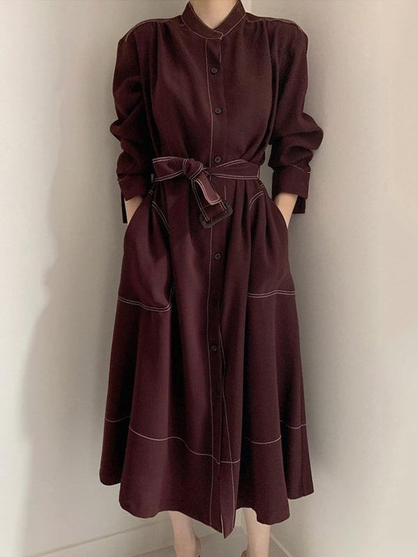 Stand Collar Single Loose Tie Trench Dress by painevida