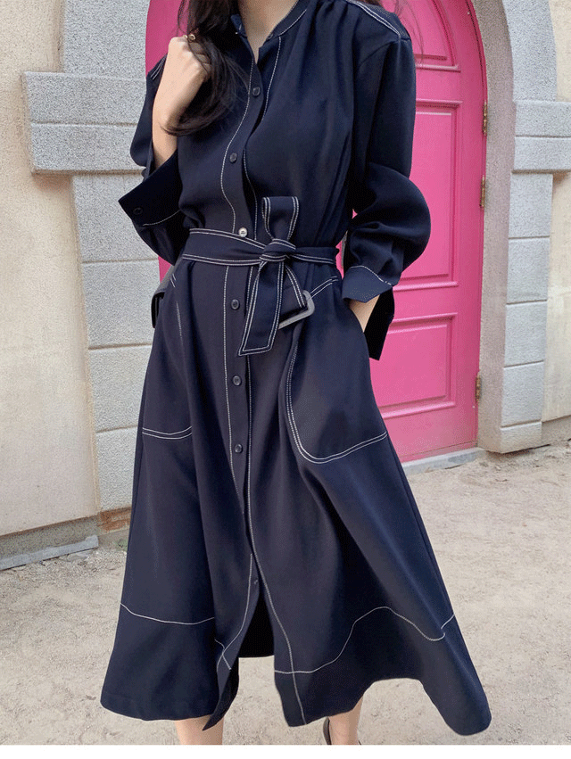 Stand Collar Single Loose Tie Trench Dress