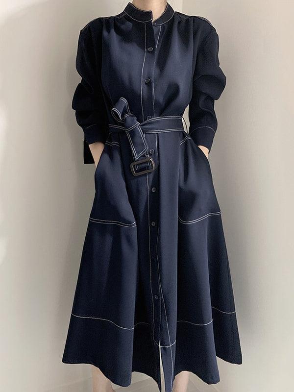 Stand Collar Single Loose Tie Trench Dress by painevida