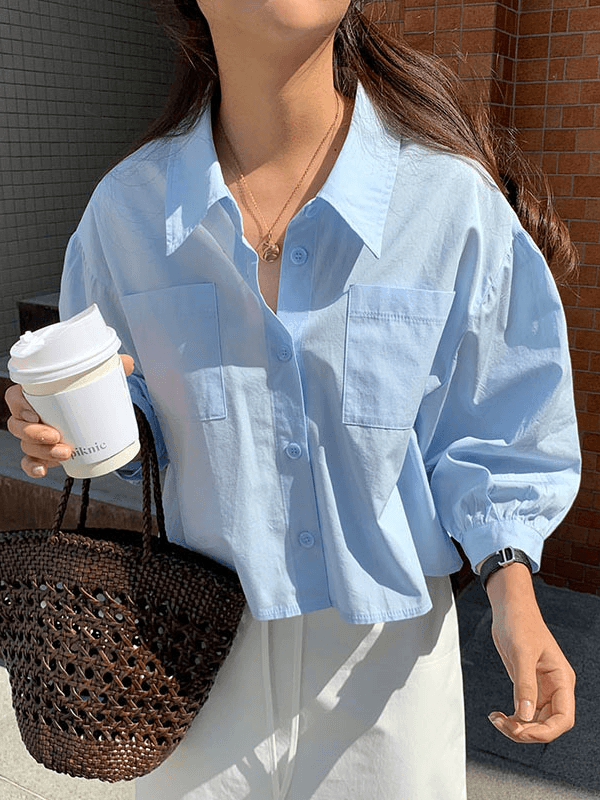 Chic Sky Blue Lapel Casual Shirt Top by painevida