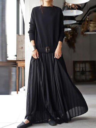 Belt Solid Pullover Knit Panel Pleated Dress