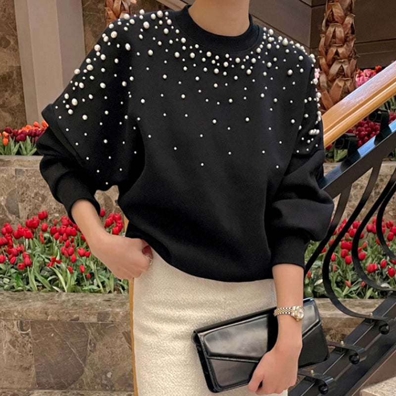 Round neck beaded loose long sleeve pullover sweatshirt