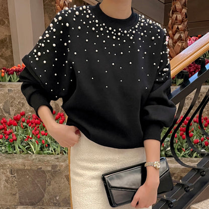 Round neck beaded loose long sleeve pullover sweatshirt