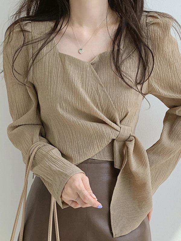 Square Neck Strappy Loose Long Sleeve Shirt by painevida