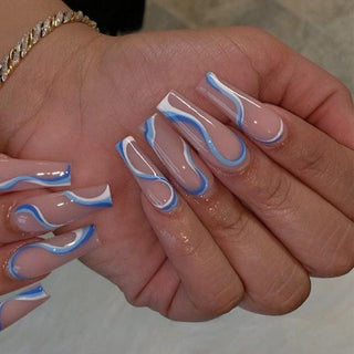 Wavy Lines Blue And White Press On Nails