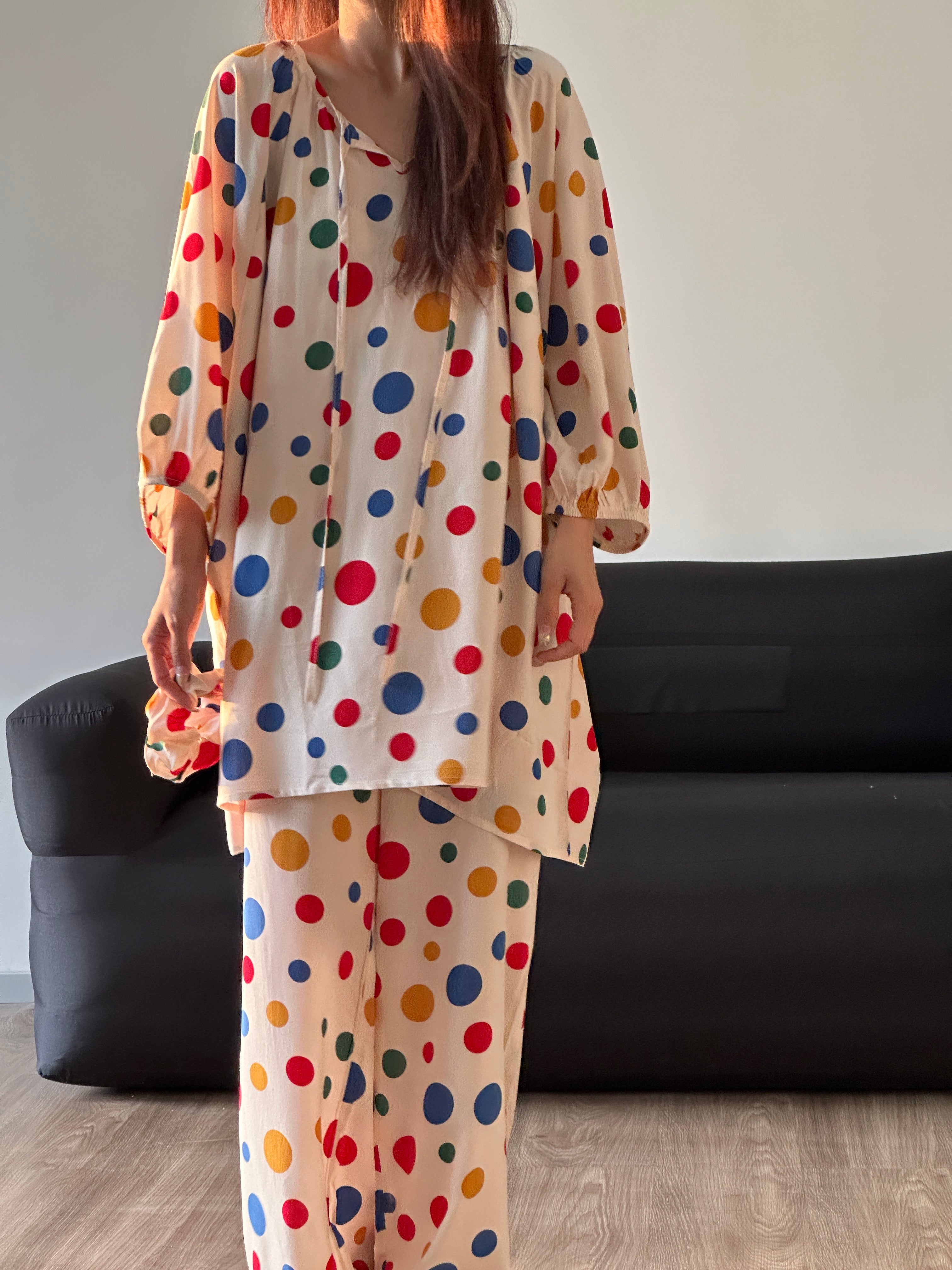 Colorful Polka Dot Cotton Silk Home Wear Set Pajamas