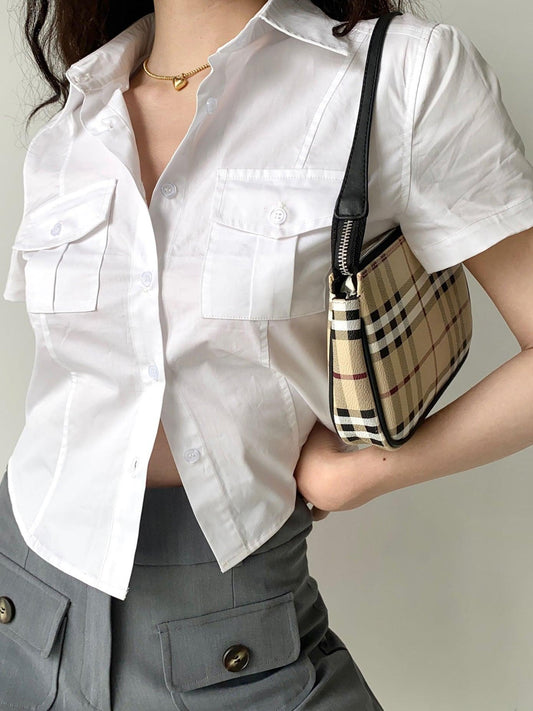 Vintage Preppy Double Pocket Lapel Short Sleeves Shirt