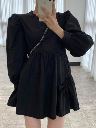 Simple Black Loose Puff Sleeve Short Shirt Dress