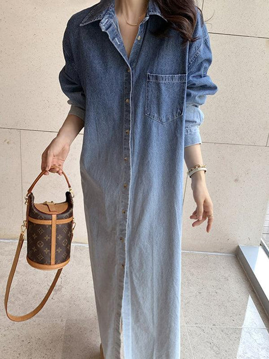 Lapel Gradient Smudge Loose Long Sleeve Denim Dress