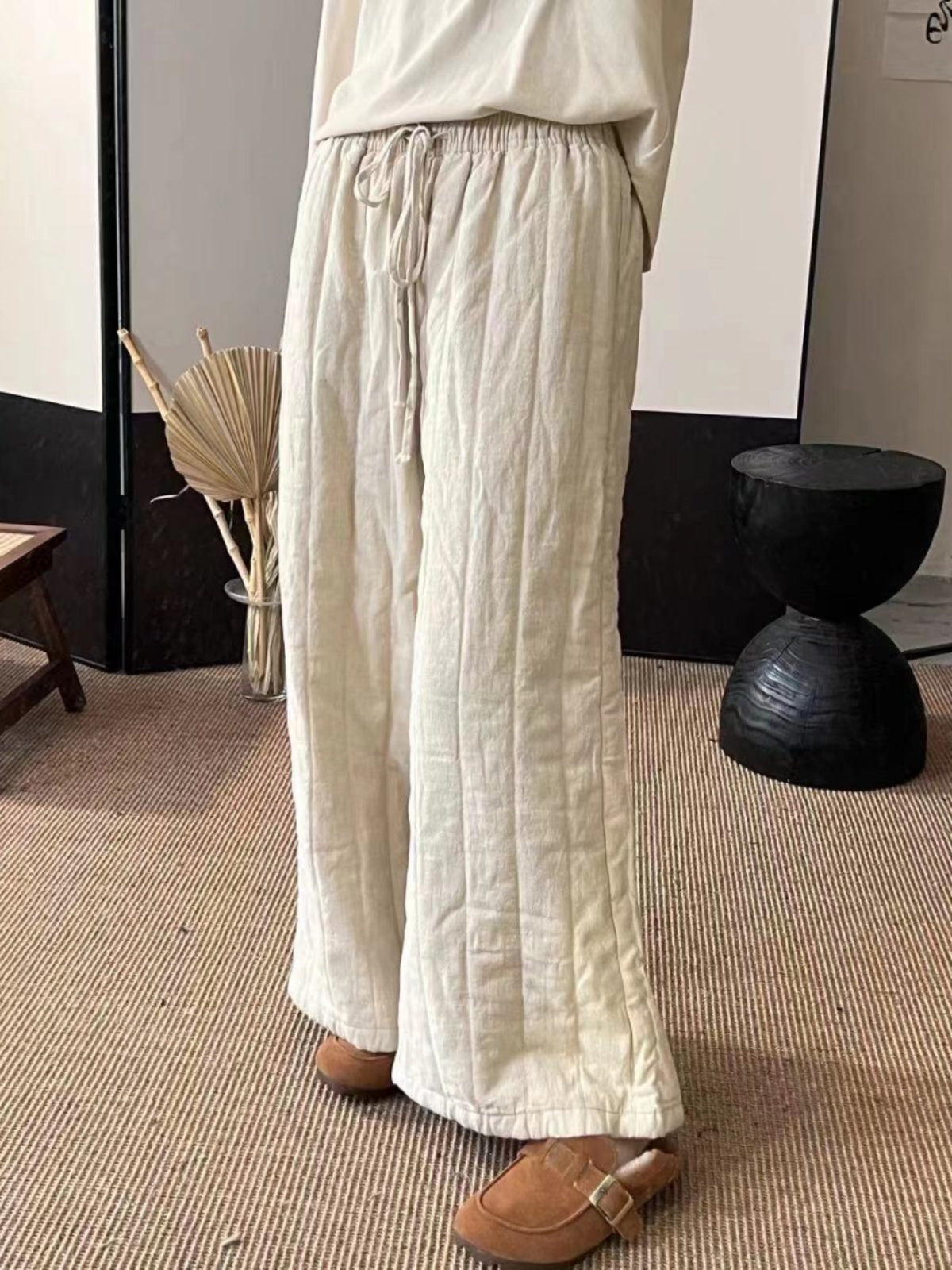 Vintage Linen Quilted Lace-Up Elastic Waist Wide Leg Pants