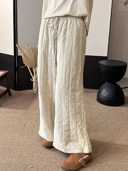 Vintage Linen Quilted Lace-Up Elastic Waist Wide Leg Pants