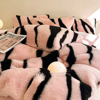 Class A Pink Leopard Double-sided Rabbit Plush Thickened 4-pieces Bedding Sheets Set