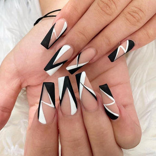 Black White Simple Geometry False Nails