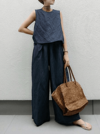 Sleeveless Linen Vest & wide-leg Trousers Sets