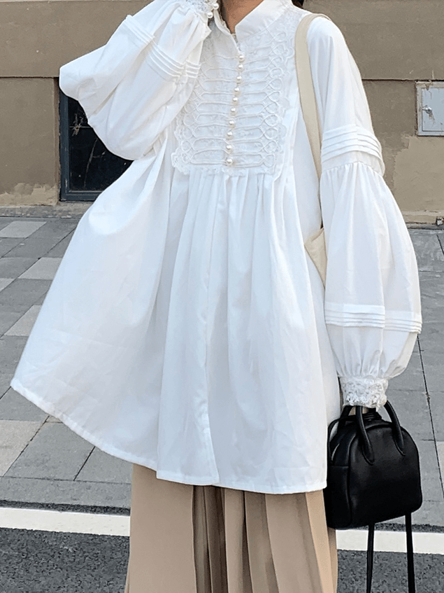 Loose Vintage Stand Collar Long Sleeve Shirt by painevida