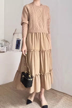 Loose Long-sleeved Cable Knit Split-joint A-line Dress