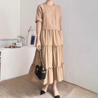 Loose Long-sleeved Cable Knit Split-joint A-line Dress