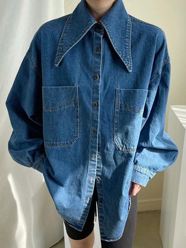 Vintage Large Collar Single Breasted Loose Denim Shirt | Women's Long Sleeve Top by painevida