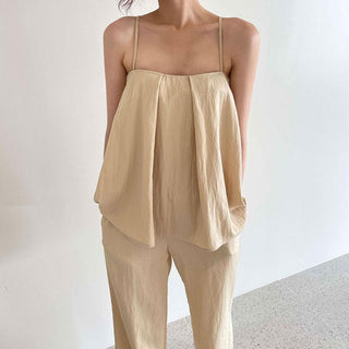 Square Neck Pleated Loose Camisole & Wide Trousers Suit Sets