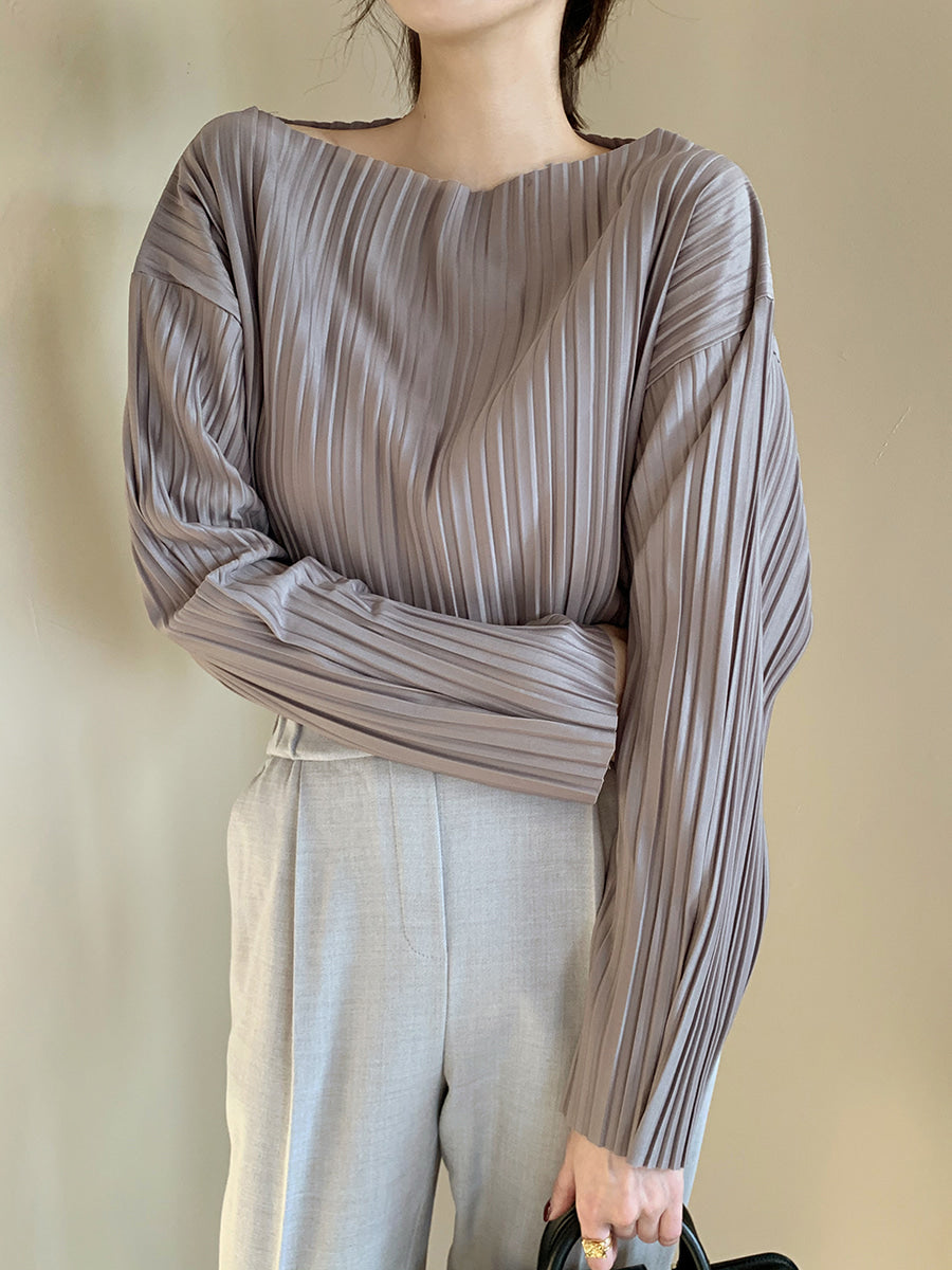 Simple Loose Pleated Long-sleeved Shirt Blouses by painevida