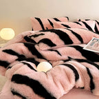 Class A Pink Leopard Double-sided Rabbit Plush Thickened 4-pieces Bedding Sheets Set