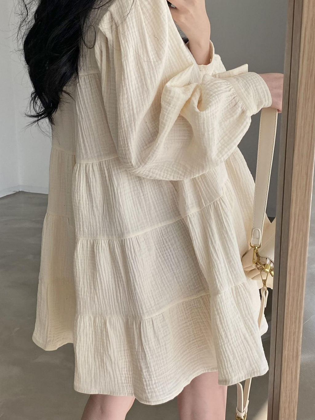 Lapel Pleated Loose Puff Sleeve Short Shirt Dress