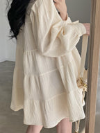 Lapel Pleated Loose Puff Sleeve Short Shirt Dress