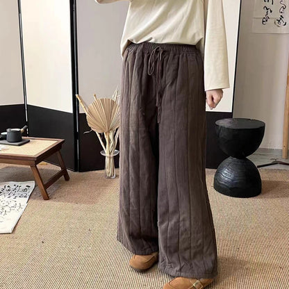 Vintage Linen Quilted Lace-Up Elastic Waist Wide Leg Pants