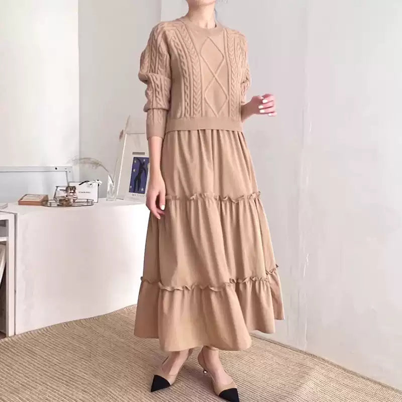 Loose Long-sleeved Cable Knit Split-joint A-line Dress