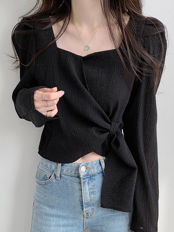Square Neck Strappy Loose Long Sleeve Shirt by painevida