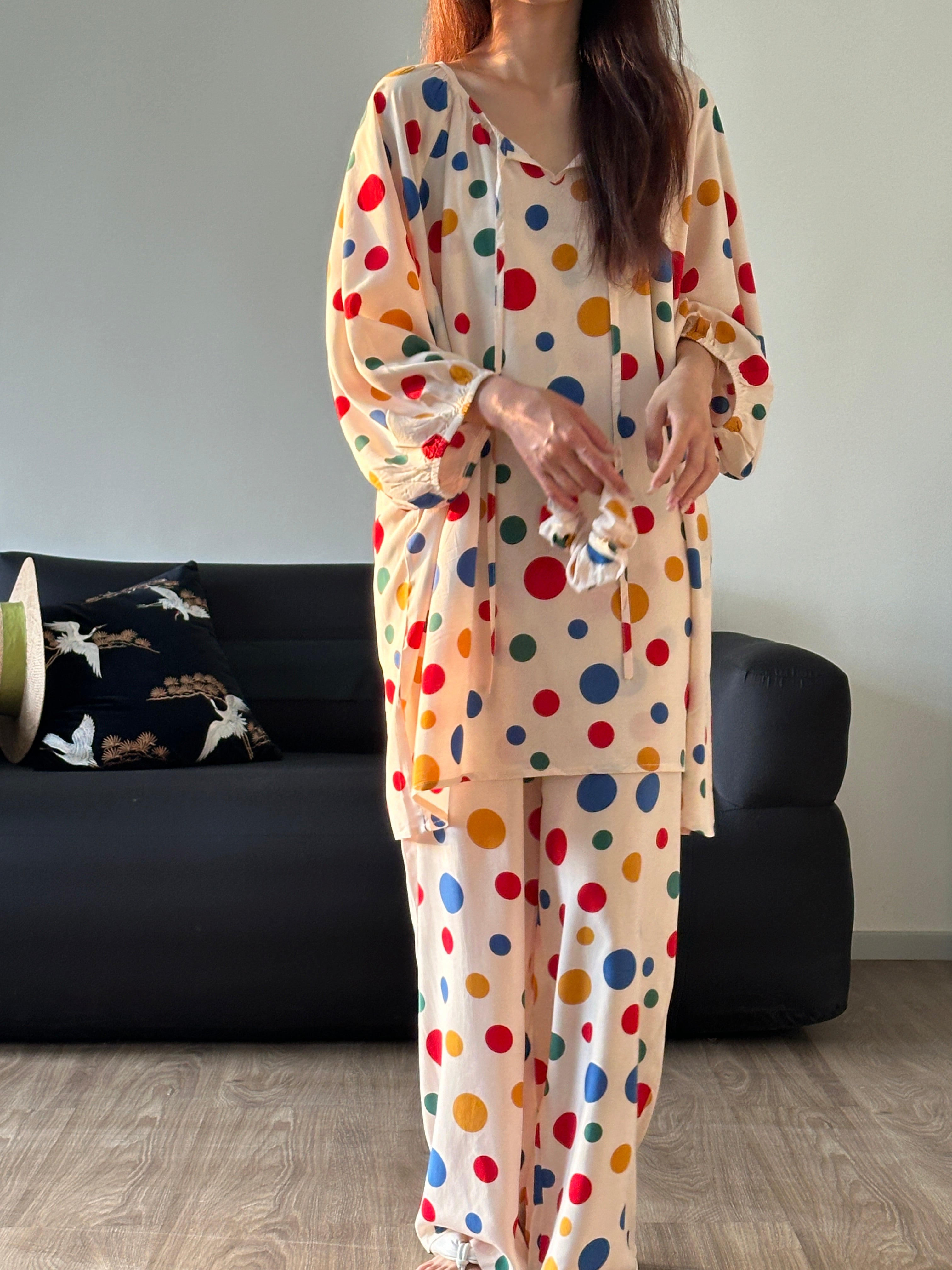 Colorful Polka Dot Cotton Silk Home Wear Set Pajamas