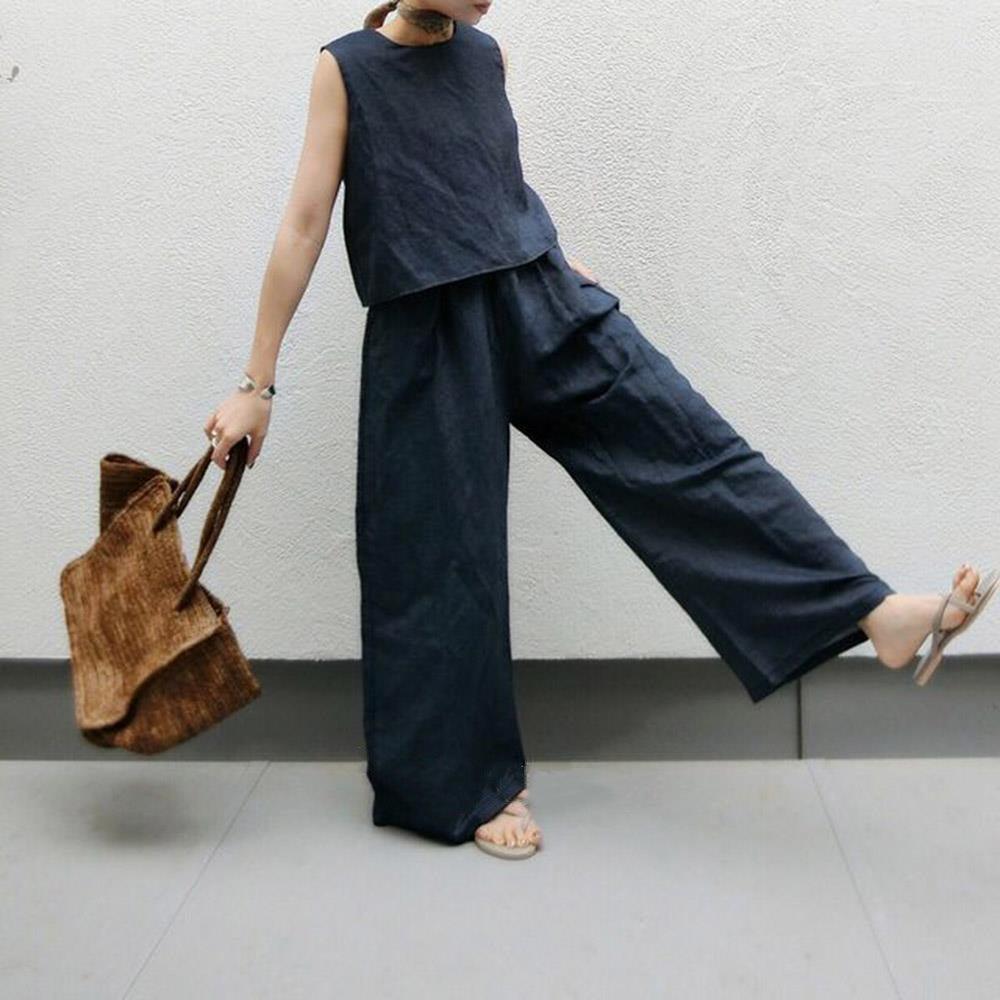 Sleeveless Linen Vest & wide-leg Trousers Sets by painevida