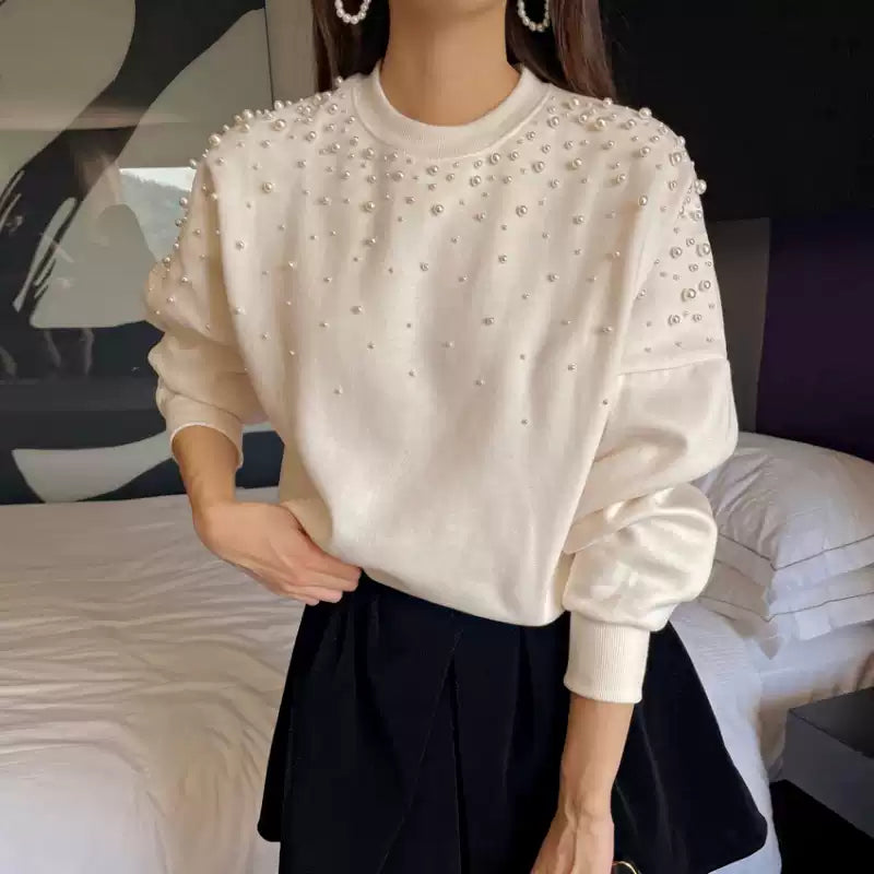 Round neck beaded loose long sleeve pullover sweatshirt