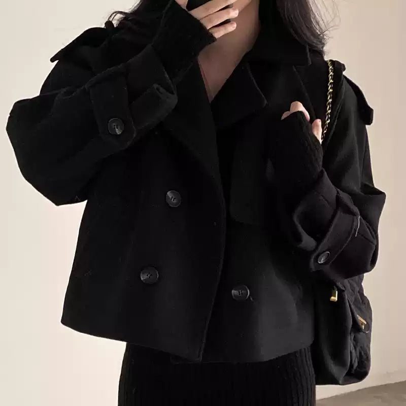 Retro Lapel Collar Double-breasted Pocket Woolen Coat