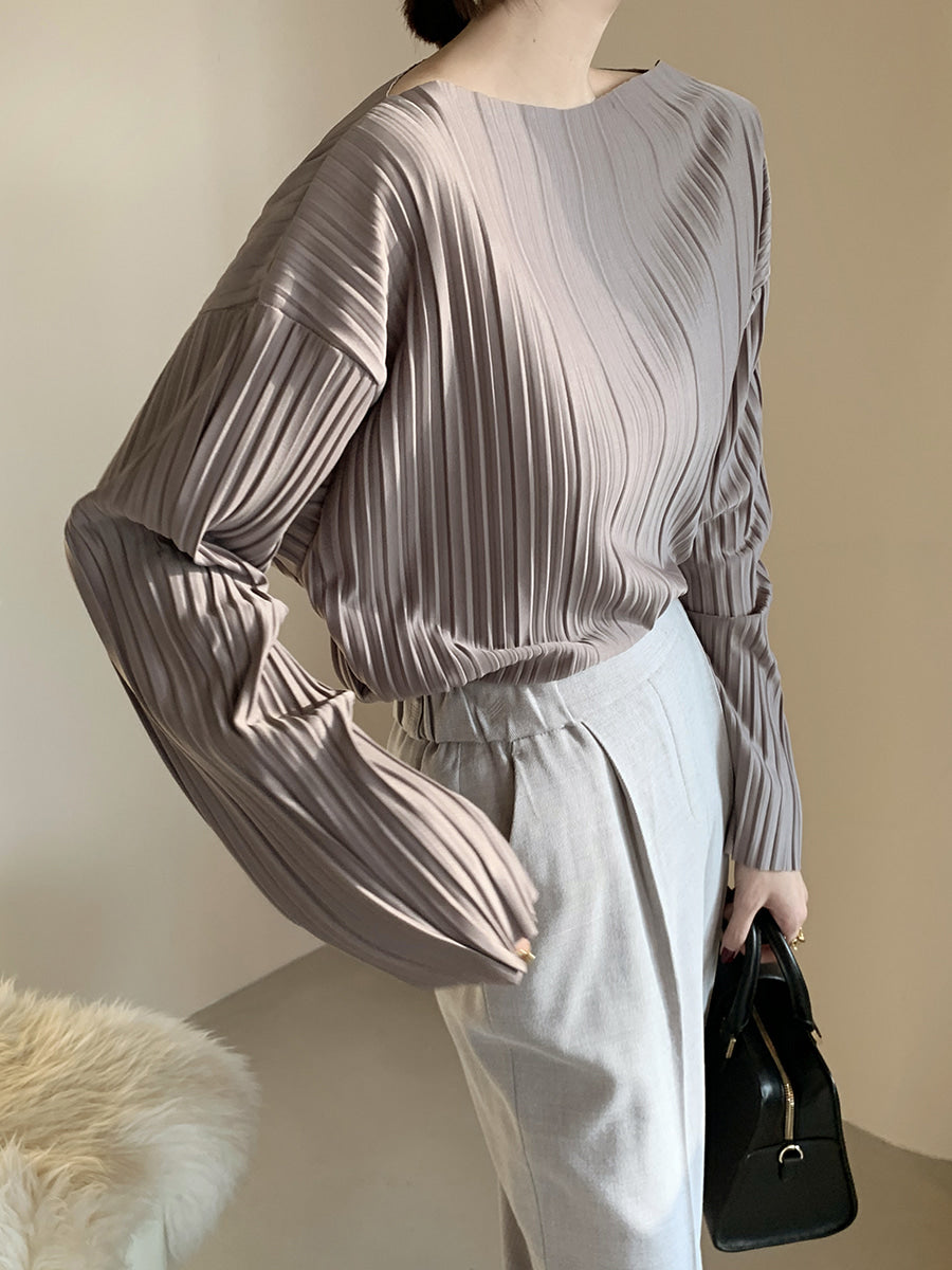 Simple Loose Pleated Long-sleeved Shirt Blouses by painevida
