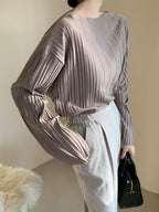 Simple Loose Pleated Long-sleeved Shirt Blouses by painevida