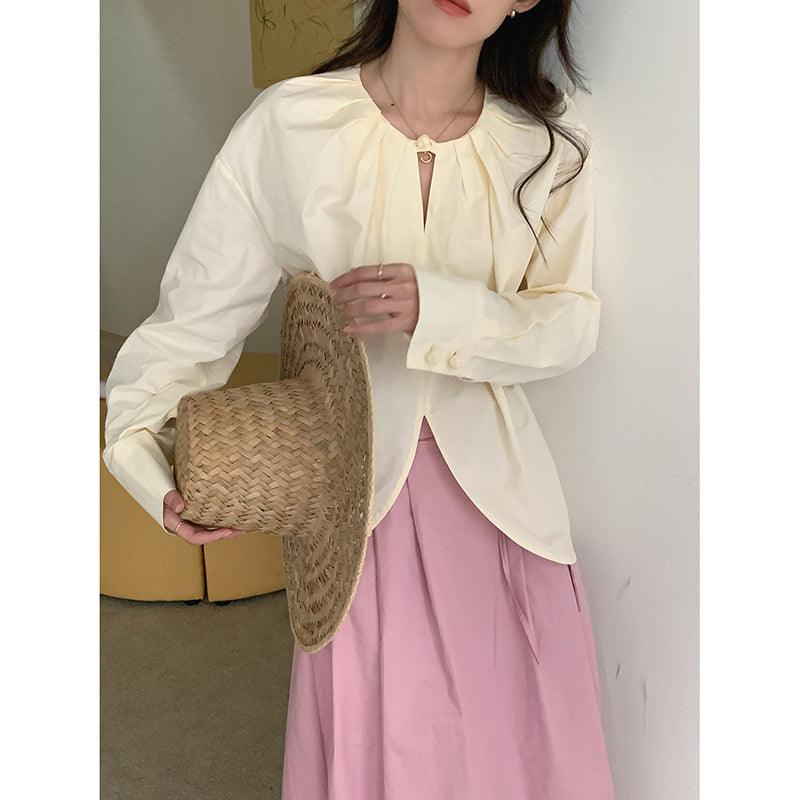 Pleated Cutout Loose Long Sleeve Shirt by painevida