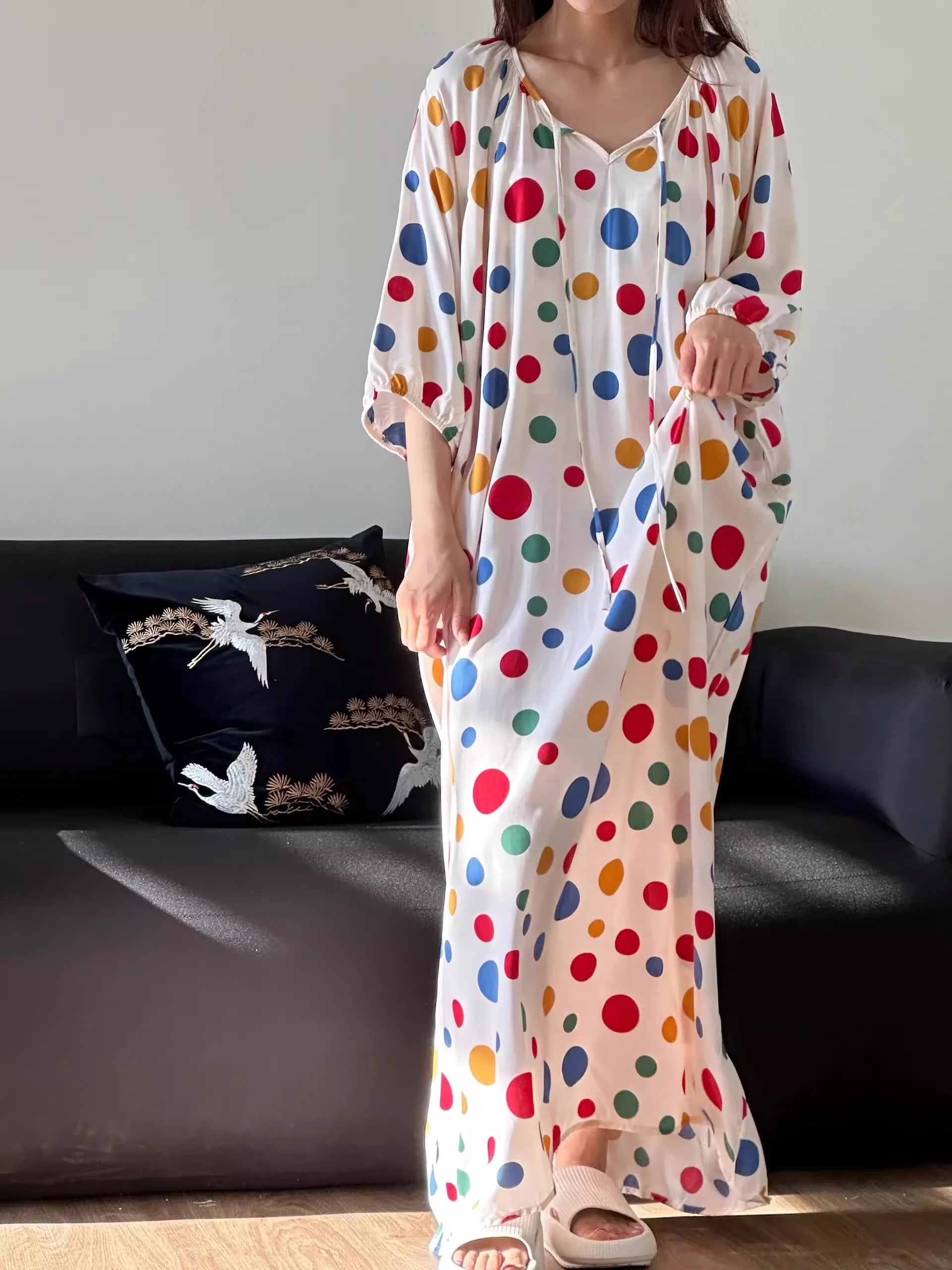 Colorful Polka Dot Cotton Silk Home Wear Set Pajamas