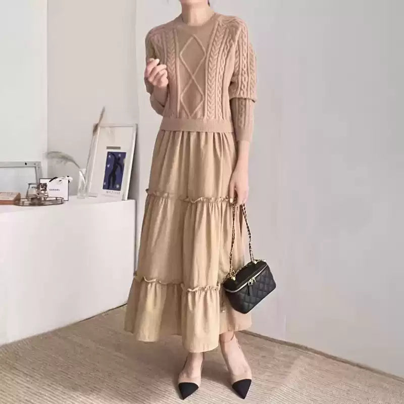 Loose Long-sleeved Cable Knit Split-joint A-line Dress